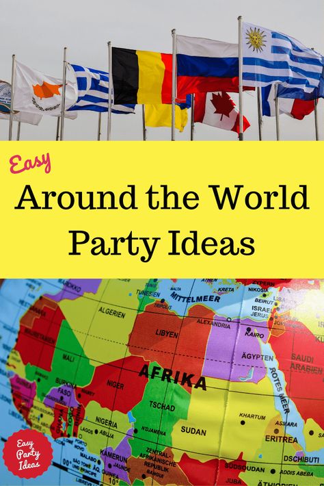 Let's go! Around the World Party adult party game ideas, party theme ideas and progressive dinner ideas.  | Easy Party Ideas and Games #aroundtheworldparty #partyideas #partygames #easypartyideas Around The World Theme Games, Geography Party Theme, Wine Around The World Party Ideas, Around The World Party Favors, International Night At School, Culture Party Ideas, International Week Ideas, Countries Theme Party, Around The World Appetizer Party