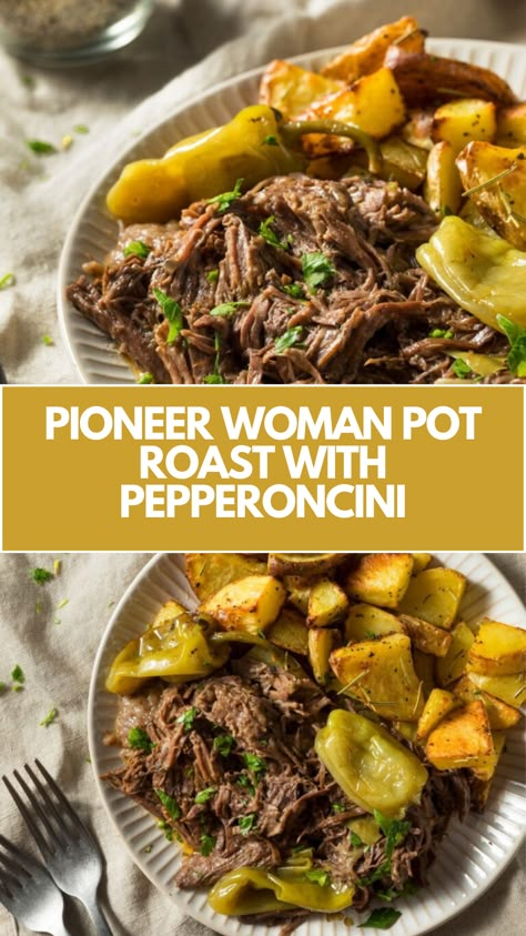 Pioneer Woman’s Pot Roast With Pepperoncini Recipe is a savory dish made with chuck roast, ranch dressing, au jus gravy mix, butter, and pepperoncini cooked for 8 hours to perfection in a slow cooker. Pepperchini Roast, Pot Roast With Pepperoncini, Pot Roast Pioneer Woman, Pepperoncini Roast Slow Cooker, Pioneer Woman Pot Roast, Roast With Pepperoncini, Pioneer Woman Dinner, Crock Pot Chuck Roast, Roast Beef Crock Pot Recipes