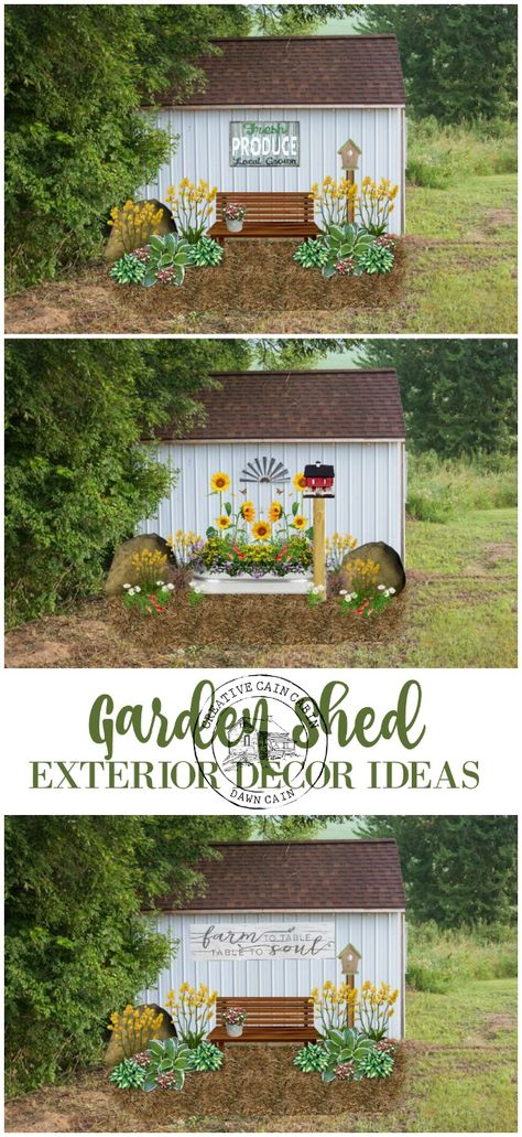 Ideas For Decorating The Outside Of A Garden Shed Using Rustic Farmhouse Finds Shed Exterior Decor, Garden Shed Exterior, Garden Shed Exterior Ideas, She Shed Exterior, Shed Exterior, Shed Exterior Ideas, Easy Garden Decor, Rustic Storage Bench, Backyard Fence Decor