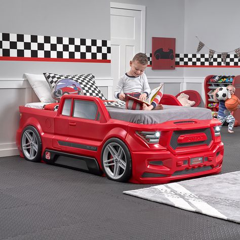 Step2 Turbocharged Twin Truck Bed kid sitting on truck bed Boys Car Bedroom, Toddler Car Bed, Twin Car Bed, Twin Car, Kids Car Bed, Race Car Bed, Toddler Car, Cars Room, Car Bedroom