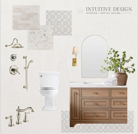 Intuitive Design | Interior + Spatial Design on Instagram: "Mood boards are a huge part of our process. They accurately portray final selections and allow our clients to get a true feel for their space.   Our boards are more than a vibe; clients receive corresponding links to purchase all items or we’ll do the ordering depending upon the individual design package.  Either way, once you become a client we extend our designer discounts on all finishes and furnishings. We find that through offering our designer discounts to clients, our services can pay for themselves!   These two boards are for a virtual client looking to narrow down her final two options. What will she pick?! Subtle differences make a dramatic impact!   Annapolis interior design. Interior design. Primary bathroom remodel. T Interior Design Mood Board Bathroom, Bathroom Remodel Mood Board, Primary Bathroom Mood Board, Bathroom Polished Nickel, Master Bath Mood Board, Bathroom Design Board, Maple Vanity, Primary Bathroom Remodel, Modern Classic Bathroom