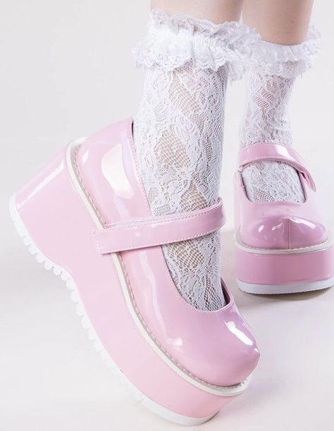 Pink Platform Mary Janes, Cute Pink Shoes, Polyvore Shoes, Pink Mary Janes, Pink Platform Shoes, Demonia Boots, Pink Items, Oki Doki, Chunky Babies