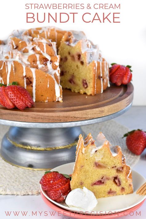 This strawberries and cream bundt cake is a rich and delicious dessert. Much like a typical pound cake, the cake has a sweet and buttery flavor. Highlighted with fresh strawberries, this recipe has the flavors of springtime. A cream cheese glaze elevates this cake to the next level. It's perfect for Easter dessert or a treat for a loved one. #bundtcake #mysweetprecision Simple Desserts, Strawberry And Cream, Amazing Meals, Berry Recipes, Cupcakes Recipes, Dessert Spread, Cream Cheese Glaze, Friends Food, Homemade Cake Recipes