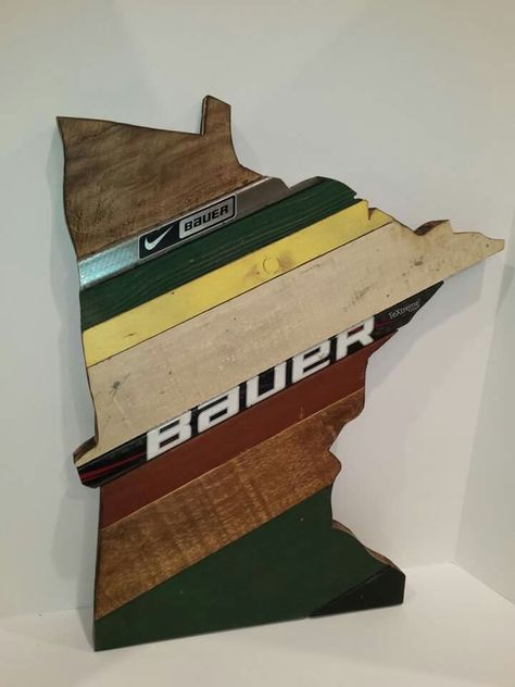 MN Wild State of Hockey Reclaimed Wood Art Hockey Stick Furniture, Mn Wild, Hockey Bedroom, Minnesota Wild Hockey, Wild Hockey, Hockey Art, Plank Art, Hockey Decor, Hockey Room