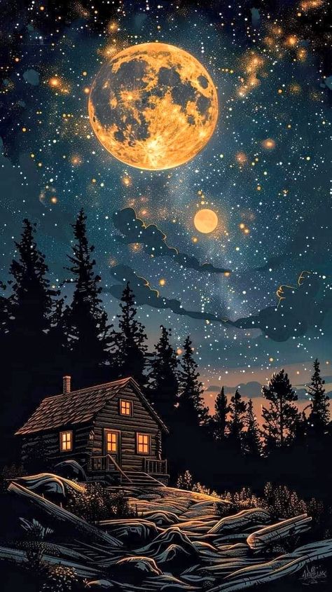 Full Moon Good Night, Wallpaper Backgrounds Landscape, Moon Fantasy Art, Stars Landscape, Sky And Stars, Enchanted Night, Moon Cartoon, Halloween Wallpaper Cute, Best Nature Images