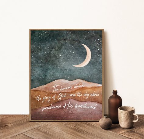 Psalm 19:1 Print, Nursery Bible Verse, Scripture Artwork, The heavens declare the glory of God , Psalms Wall Art, Desert Night Sky Print Night Sky Nursery Theme, Starry Night Nursery, Night Sky Nursery, Desert Night Sky, God Psalms, Bible Painting, Scripture Painting, Scripture Artwork, Sky Nursery