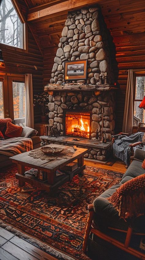 Cozy cabin living room with stone fireplace, plush sofas, and rustic decor for the perfect retreat. Rec Room Fireplace, Stone Chimney Living Room, A Frame Fireplace, Ski Lodge Living Room, Cozy Cabin Fireplace, Cabin Fireplace Ideas, Old Stone Fireplace, Cozy Cabin Living Room, Large Stone Fireplace