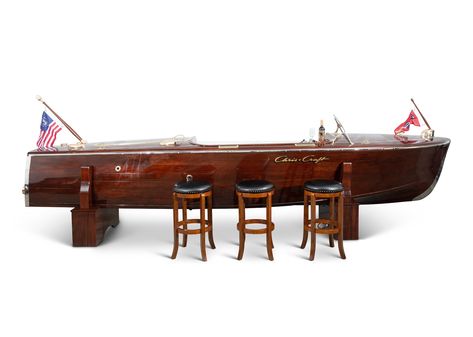 This is a handmade "Boat Bar," it was built using an authentic 17 foot 1948 Chris-Craft Deluxe Runabout that was cut in half down the centerline. Once the Bar Made From Old Boat, Chris Craft Runabout, Tiki Bar Boat, Boat Bar, Duck Hunting Boat, Chris Craft Boats, Runabout Boat, Christopher Columbus, Chris Craft