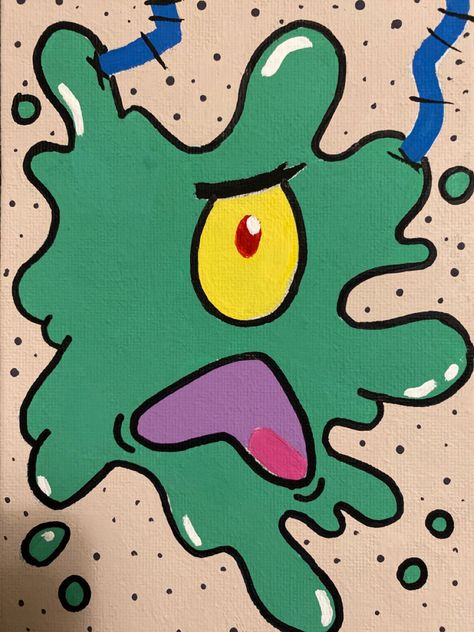 Things To Paint With Paint Markers, Posca Markers Drawing Ideas Easy, Squished Plankton From Spongebob, Posco Painting Ideas, Plankton Splat, Squished Plankton, Plankton Drawing, Plankton Painting, Patrick Drawing