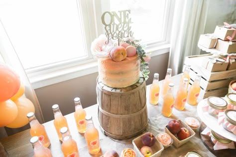 One Sweet Peach Dessert Table, First Birthday One Sweet Peach, Peaches And Cream Party, One Sweet Peach Birthday Food Ideas, Peach Birthday Party Food, Sweet Peach Birthday, One Peach Birthday, Peach Themed 1st Birthday Party, One Sweet Peach Cake Smash