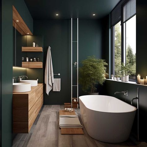 Bottle Green Bathroom Ideas, Green Full Bathroom, Dark Natural Bathroom, Green Bathroom Ideas Tile, Forest Themed Bathroom, Bathroom Ideas Dark Green, Dark Green Bathroom Ideas, Green Small Bathrooms, Bathroom Ideas Dark