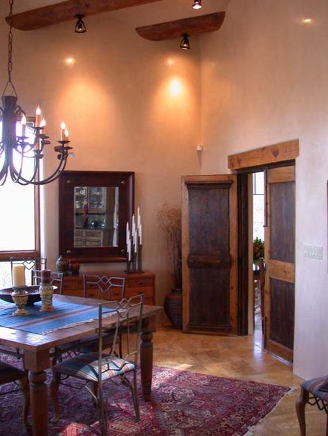 Santa Fe Style Dining Room - Southwestern - Dining Room - Albuquerque - by Charles Ash | Houzz Southwestern Dining Room, Dining Room Farmhouse, Style Dining Room, Custom Doors, Wood Decoration, Santa Fe Style, Farmhouse Dining Room, Furniture Makeovers, Custom Door