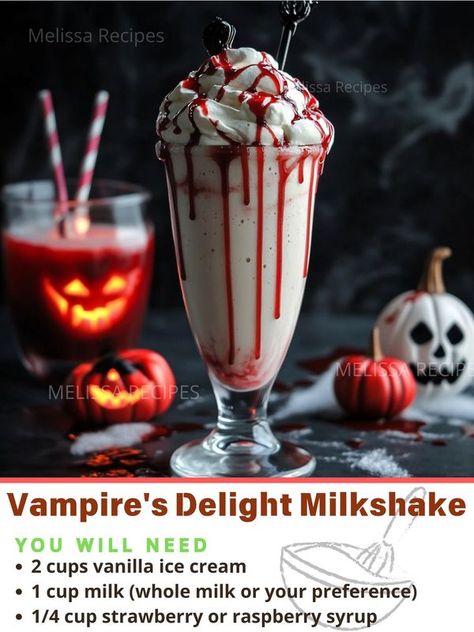 Melissa Recipes | Vampire's Delight Milkshake 🧛‍♂️🩸 | Facebook Delicious Halloween Treats, Raspberry Syrup, Halloween Treat, Vanilla Ice Cream, Halloween Treats, Raspberry, Vanilla, Ice Cream, Halloween