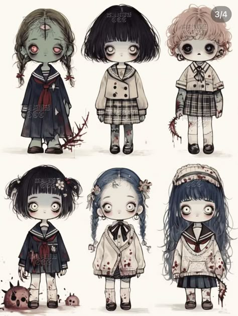 Cute Figures Drawing, Doll Hair Drawing, Scary Doll Drawing, Creepy Girl Drawing, Creepy Doll Drawing, Doll Character Art, Doll Art Drawing, Cute Horror Art, Character Art Ideas