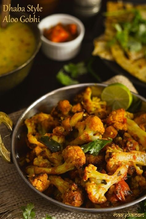 Dhaba style aloo gobhi Recipe -A very rustic Delicious Potato and cauliflower stir fry cooked desi dhaba style! Gobhi Recipe, Gobi Recipes, Pickled Cauliflower, Desi Khana, Aloo Gobi, Indian Curries, Cauliflower Curry, Veg Food, Veg Dishes