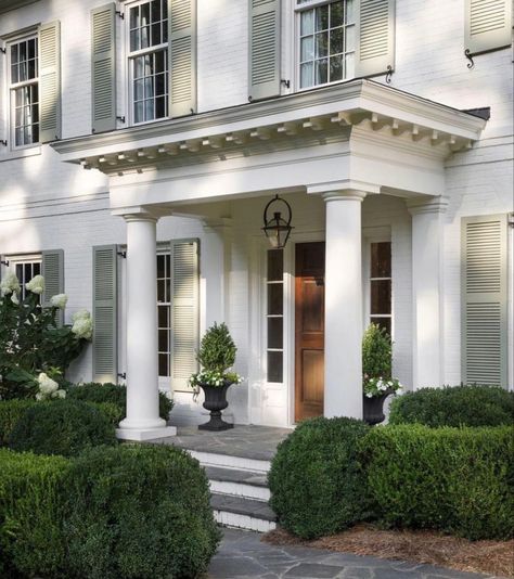 Colonial Portico, Cape House Exterior, Portico Entry, Dental Molding, Dentil Molding, Landscape Ideas Front Yard, Neoclassical House, Colonial House Exteriors, Traditional Front Doors