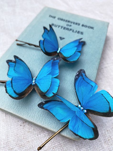 Thanks for the kind words! ★★★★★ "THESE ARE ABSOLUTELY GORGEOUS! BETTER THAN IN THE PHOTOS!" judidash #etsy #blue #wedding #butterflylovergift #butterflypresent #butterflybarrette #silkhairpins #bridalhairpin Butterfly Hair Pins, Something Blue For Bride, Blue Hair Pins, Real Butterflies, Bright Blue Dresses, Silk Butterfly, Recycled Dress, Handmade Hairpin, Flower Crown Hairstyle