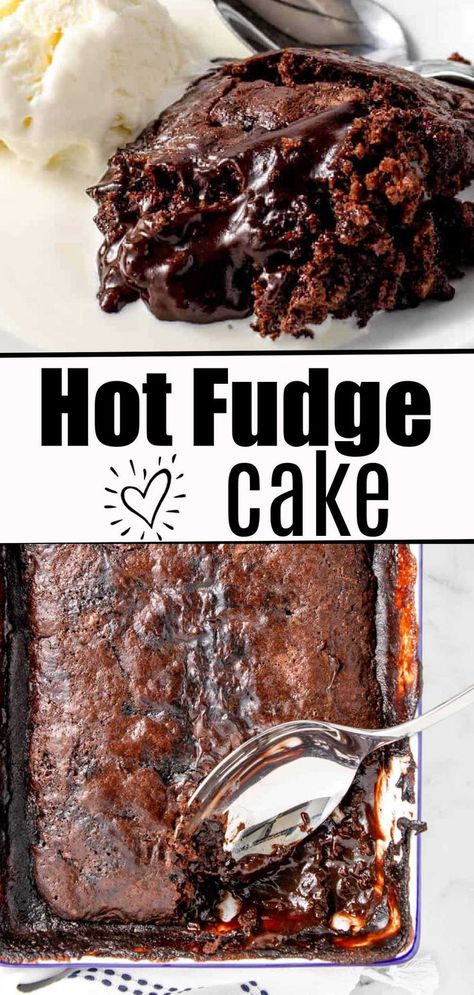 hot fudge cake image collage with text on image Hot Fudge Cake Recipe, Hot Fudge Pudding Cake Recipe, Easy Hot Fudge, Hot Fudge Pudding Cake, Hot Fudge Pudding, Fudge Pudding Cake, Fudge Pudding, Chocolate Fudge Cake Recipe, Easy Chocolate Pudding