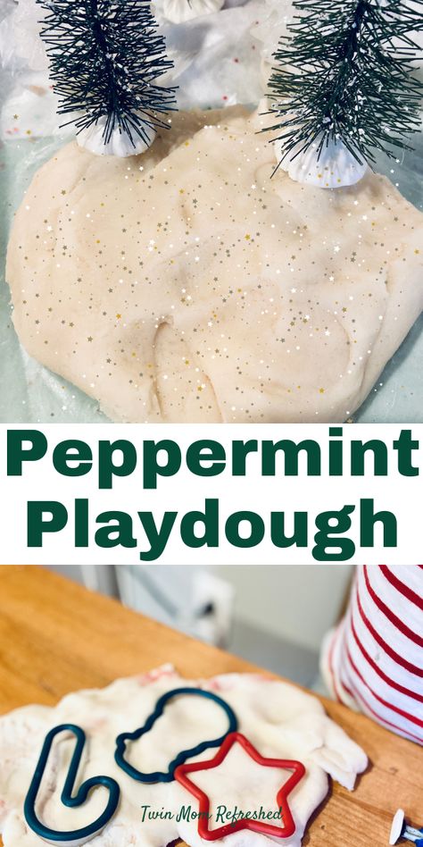 Winter Scented Playdough, Holiday Playdough Recipe, Holiday Food Activities For Kids, Christmas Play Dough Recipe, Winter Playdough Kit, Christmas Tree Playdough, Winter Toddler Sensory Activities, Preschool December Sensory Bin, Peppermint Playdough Recipe