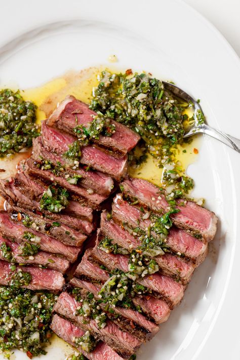 Flat Iron Steak Recipes, Steak With Chimichurri Sauce, New York Strip Steak, Ny Strip Steak, Rare Steak, Verde Recipe, Flat Iron Steak, Chimichurri Sauce, Strip Steak