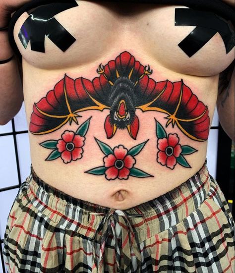 Vintage Tattoos, Stomach Tattoos Women, Traditional Tattoo Inspiration, Traditional Style Tattoo, Bat Tattoo, Traditional Tattoo Sleeve, Stomach Tattoos, Traditional Tattoo Art, Sternum Tattoo