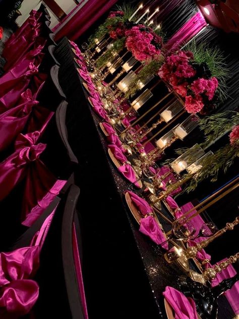 Fuschia And Gold Table Setting, Magenta Party Decor, Light Pink Dark Pink Gold Party, Fuschia Quinceanera Decorations, Fuschia And Black Party Decorations, Fuchsia Party Decorations, Dark Pink Birthday Party Decorations, Black And Hot Pink Quinceanera Theme, Fuschia Black And Gold Party