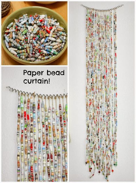 Paper Curtain, Recycled Magazine Crafts, Paper Beads Diy, Make Paper Beads, Bead Curtain, Magazine Pages, Recycled Magazine, Recycled Magazines, Folding Origami