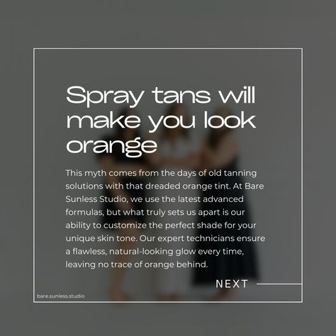 ✨Myths vs. Facts: Spray Tan Edition! ✨ Let's clear up some common misconceptions about spray tans and get you glowing with confidence! - - - - #BareSunlessStudio #SprayTanMyths #TanForEveryBody Myths Vs Facts, Organic Spray Tan, Tan Instagram, Spray Tan, Spray Tanning, Tanning, Skin Tones, With Confidence, Spray