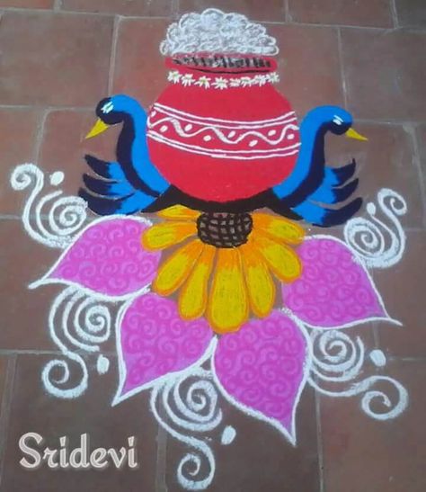 20+ Best Pongal Kolam Designs and Sankranti Rangoli Patterns 2018 - K4 Craft Pongal Pot, Latest Rangoli Designs, Colour Kolam, Pongal Rangoli, Rangoli Designs For Competition, Pongal Kolam, Design Rangoli, Peacock Rangoli, Rangoli Designs Simple Diwali