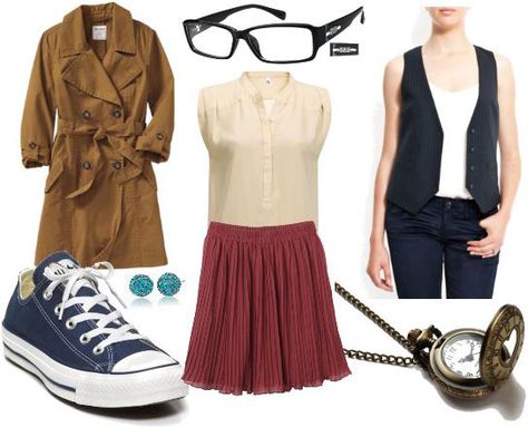 Look inspired by Doctor 10. No to the skirt and blouse, YES to the coat, shoes, glasses, and vest! Doctor Who Aesthetic, Who Aesthetic, Doctor Who Outfits, Doctor Who Cosplay, Geek Chic Fashion, Nerd Chic, Doctor Outfit, Geeky Fashion, Fandom Fashion