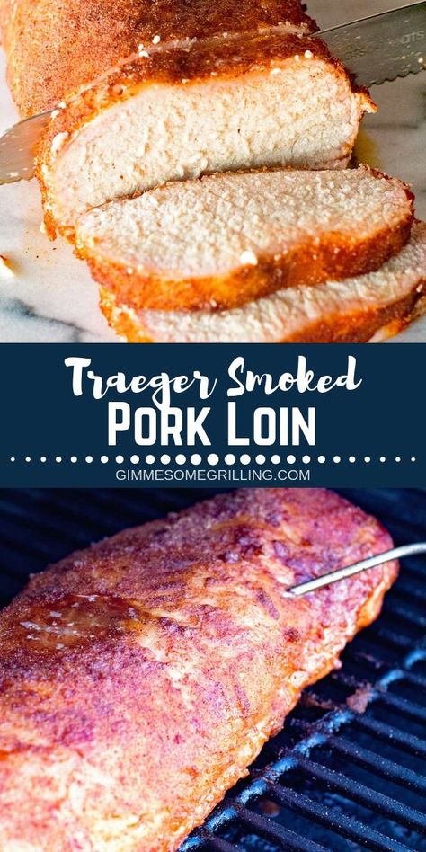 Delicious smoked pork loin with an easy rub recipe! This Traeger Pork Loin is juicy and full of flavor. If you are new to using a pellet grill then you need to try this recipe! It's perfect for when you entertain guests or have a backyard party! #porkloin #traeger via @gimmesomegrilling Traeger Pork Loin, Smoked Pork Loin Roast, Smoked Pork Tenderloin Recipes, Smoked Pork Loin Recipes, Pork Ideas, Smoked Pork Recipes, Barbecue Brisket, Pellet Smoker Recipes, Smoked Pork Tenderloin