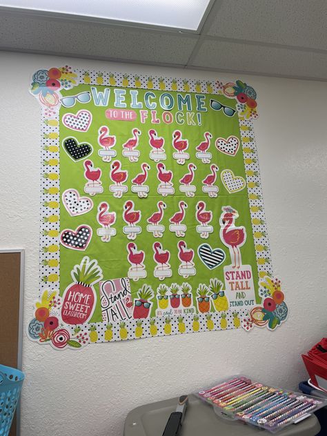 Flamingo Classroom Theme, Tropical Classroom Theme, Welcome Back Banner, Flamingo Theme, Elementary Classroom Decor, Classroom Bulletin Boards, Class Decoration, Tropical Theme, Head Start