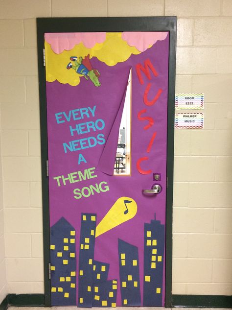 Superhero Theme Music Door Decoration Music Classroom Door Decorations, Music Teacher Door Decoration, Music Room Door Decorations, Music Door Decorations, Music Classroom Door, Deco Classroom, Elementary Music Classroom Decor, Music Room Bulletin Boards, Music Classroom Organization