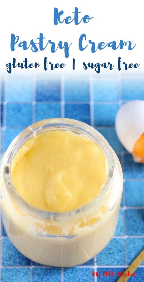 This pastry cream can be used as a custard filling for tarts, pies and cream puffs. It's so easy and delicious, you'll want to make it every week! Use this keto pastry cream recipe to impress all of your guests! #pastrycream #cremepatissiere #sugarfree #lowcarb #mypcoskitchen Dairy Free Pastry, Sugar Free Custard, Sugar Free Pastries, Icecream Ideas, Keto Pastry, Vanilla Pastry Cream, Cheesecake Ideas, Pastry Cream Recipe, Keto Cream