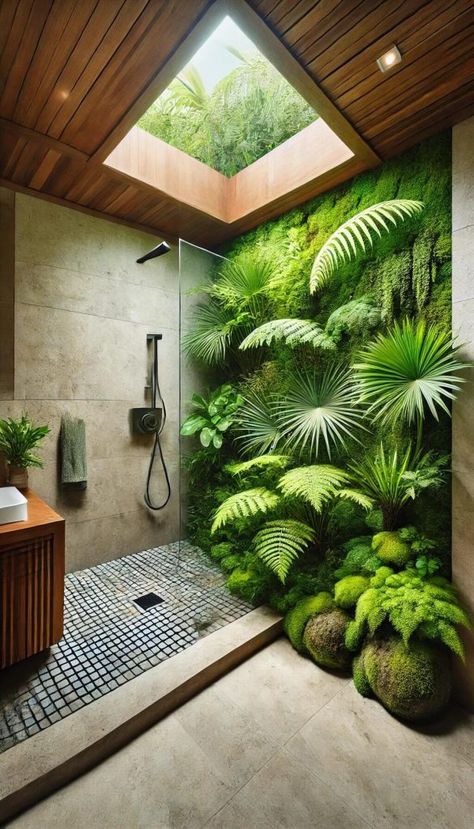 Resort Bathroom Design, Shower With Plants, Bathroom Ideas With Plants, Garden Bathroom Ideas, Unique Bathroom Ideas, Bathroom With Plants, Plant Organization, Toilet Interior, Bathroom Plant