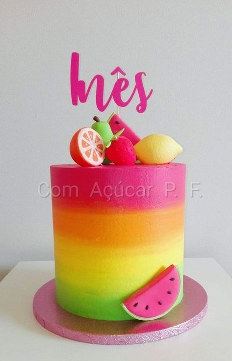 Two Tti Fruity Birthday Cake Ideas, Tutti Fruitti Birthday Cake, Summer Fruit Cake Decoration, Fruit Themed Cake 2nd Birthday, Twotti Frutti Cake, Tropical Ombre Cake, Tootie Fruity Birthday Cake, Tutti Fruitti Cake, Fruits Theme Cake