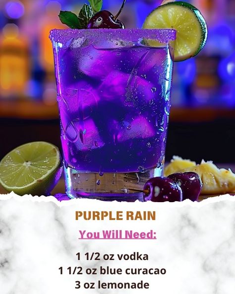 Karla's Recipes | The Purple Rain cocktail offers a refreshing mix of citrus and berry notes with every sip: | Facebook Purple Jello Shots Recipe, Purple Jello Shots, Purple Rain Drink, Purple Rain Cocktail, Rain Cocktail, Xv Ideas, Purple Cocktails, Drink Names, Purple Drinks