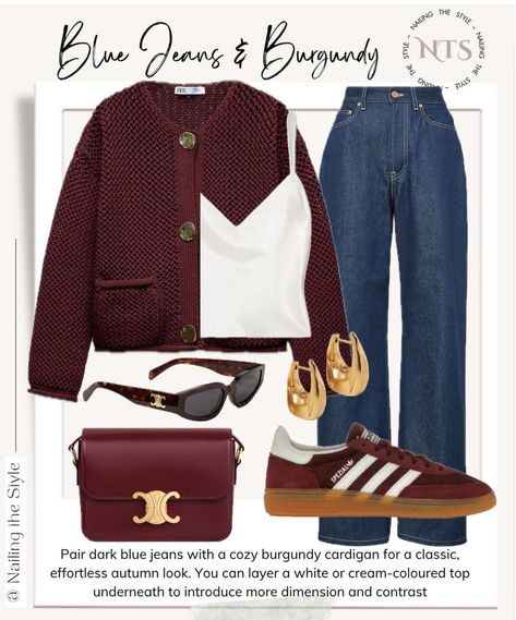 Dark Blue Outfits Aesthetic, Dark Blue Jeans Outfit Women, Dark Blue Jeans Outfit Aesthetic, Styling Dark Blue Jeans, Dark Autumn Outfits Style, Fall Staple Wardrobe, Burgundy Cardigan Outfit, Organic Wardrobe, Dark Blue Outfit