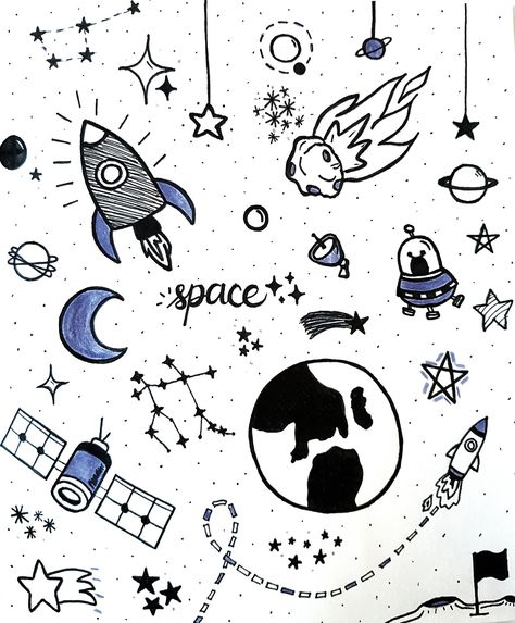 Space Theme Doodles, Space Theme Journal, Cute Space Doodles, Space Embroidery, Creativity Drawing, Space Doodles, Space Drawing, Book Art Projects, Space Drawings