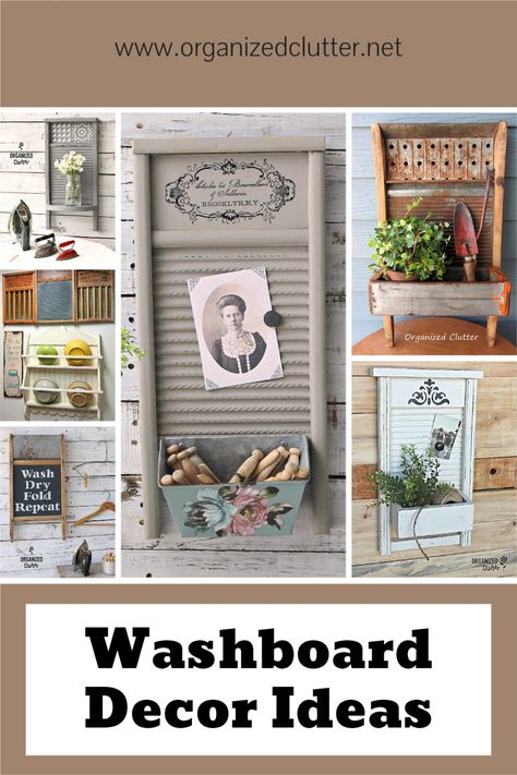 Washboards are fun decor pieces! See 6 washboard upcycled/repurposed projects with paint and stencils. #washboard #laundryroom #upcycle #repurpose #stencil #decortransfer Washboard Decor Ideas Farmhouse, Glass Washboard Decor Ideas, Laundry Room Washboard Decor, Vintage Washboard Ideas, Vintage Washboard Decor, Old Washboard Ideas, Washboard Decor Ideas Laundry Signs, Wash Boards Decor Ideas, Old Wash Boards Decor Ideas