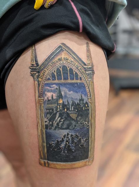 Harry Potter inspired thigh piece. Mirror Of Erised Tattoo, Harry Potter Tattoo Sleeve, Hogwarts Tattoo, Mirror Of Erised, Harry Tattoos, Lotr Tattoo, Hp Tattoo, M Tattoos, Harry Potter Tattoos