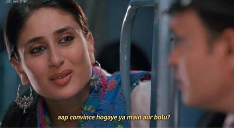 Bollywood Iconic Dialogues, Jab We Met Dialogues, Funny Bollywood Dialogues, Hindi Dialogues, Bollywood Dialogues, Funny Faces Quotes, Funny Compliments, Bollywood Memes, Funny Dialogues