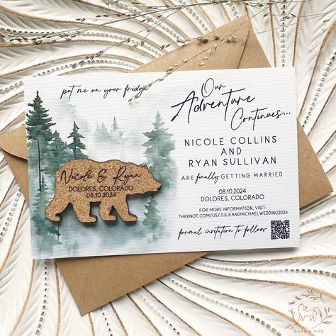 Forest Cork Save the Date Magnets: Personalized Laser Engraved Bear Wedding Invitation and Favors with Pine Tree Card Laser Engraved Save The Dates, Cork Wedding, Bear Wedding, Cricut Wedding, National Park Wedding, Always Remember You, Save The Date Magnets, Christian Wedding, Tree Cards