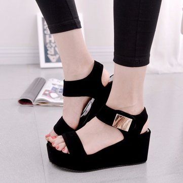 Black Pu Korean Style Metal Platform Hook Loop Peep Toe Gladiator Sandals Women Platform Sandals, Womens Summer Shoes, Womens Sandals Wedges, Sandals Wedges, Girly Shoes, Platform Sandals Heels, Wedge Heel Sandals, Buckle Shoes, Platform Wedge Sandals