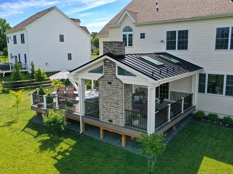 Vintage Porch with Phantom Vinyl / Ashwood TimberTech Deck - Glen Mills, PA | 869 Sq Ft | Keystone Custom Decks Trex Deck With Screened In Porch, Back Deck Screened In Porch, Elevated Back Porch, Deck With Fireplace Outdoor, Back Porch Add On, Screened In Porch And Deck, Back Deck Ideas, Walk Out Deck, Deck Expansion