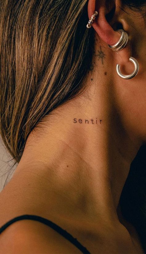 Tattoo Ideas Female Symbols, Confident Women Tattoo, Small Word Neck Tattoos, Unique Tattoo Spots For Women, One Word Neck Tattoo, Back Of Neck Word Tattoo, One Word Neck Tattoos Women, Best First Tattoo Ideas For Women, Tattoo Ideas Female Meaningful Quotes Words