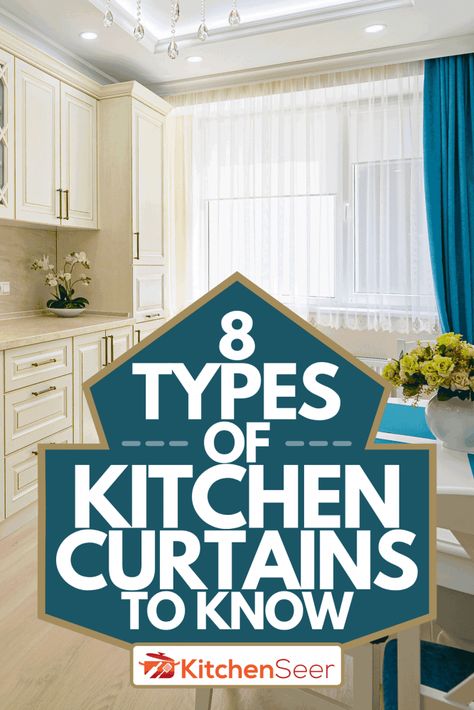 8 Types of Kitchen Curtains and what you should know about them By KitchenSeer Drapes For Kitchen, Curtains For Large Kitchen Window, How To Hang Kitchen Curtains, Kitchens With Curtains, Kitchen Curtain Ideas Modern Window, Long Curtains In Kitchen, Large Kitchen Window Curtain Ideas, Long Kitchen Curtains, Big Kitchen Window Curtain Ideas