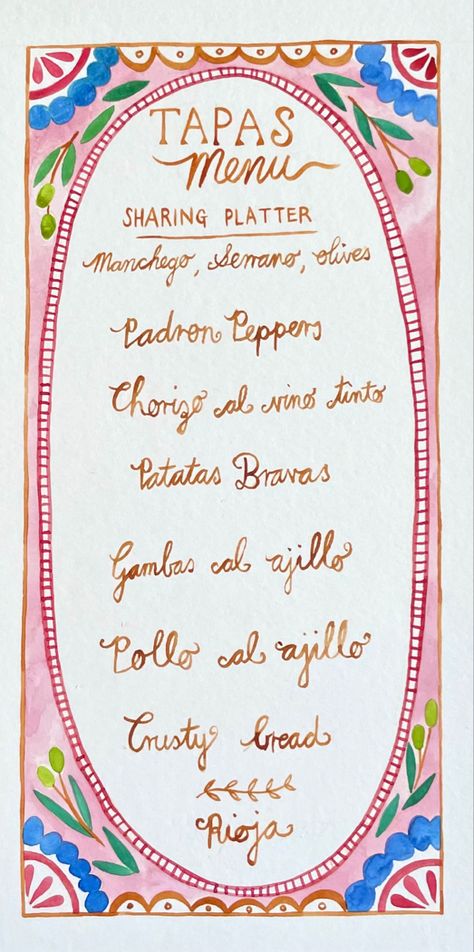 Custom painted wedding menu watercolour Spanish menu Lavish Party, Spanish Dinner, Tapas Menu, Menue Design, Dinner Party Summer, Dinner Party Menu, Spanish Tapas, Wedding Menu Cards, Idul Fitri