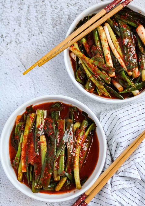 Spring Green Onion Kimchi (Pa-Kimchi) - Curious Flavors Green Onion Kimchi Recipe, Onion Kimchi Recipe, Pa Kimchi, Green Onion Kimchi, Onion Kimchi, Kimchi Recipe, Green Onion, Perfect Side Dish, Rice Bowls