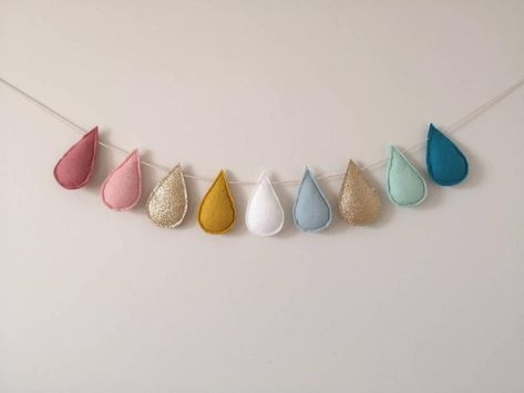 Teardrop Garland, Felt Garland Nursery, Raindrop Garland, Rainbow Banner, Garland Nursery Decor, Banner Nursery, Nursery Garland, Floral Cake Topper, Name Bunting